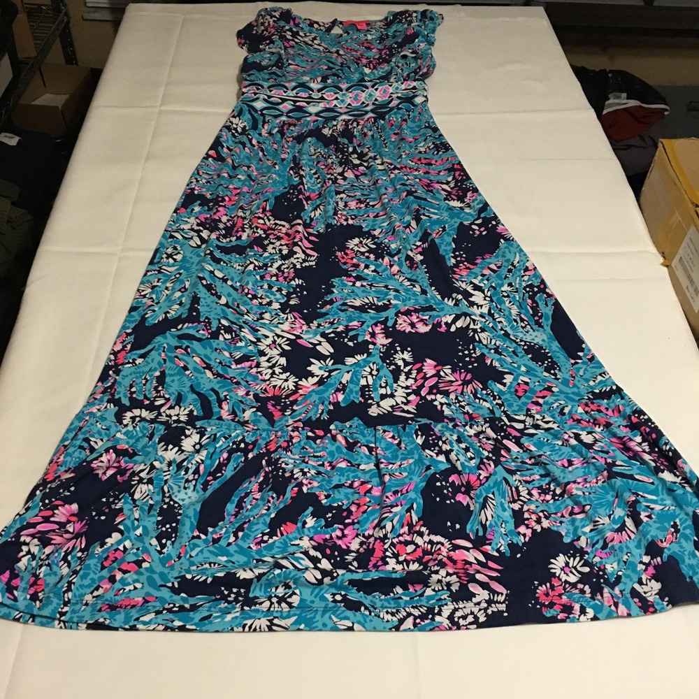 Lilly Pulitzer Mylea Maxi Dress Women Large Blue Coral Print Flutter Sleeve